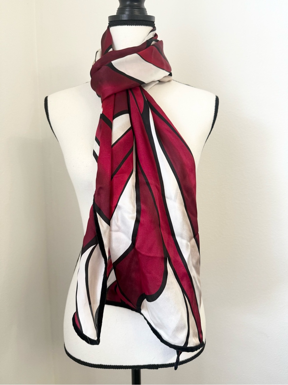 White House Black Market 100% Silk Bold Abstract Red Black Scarf